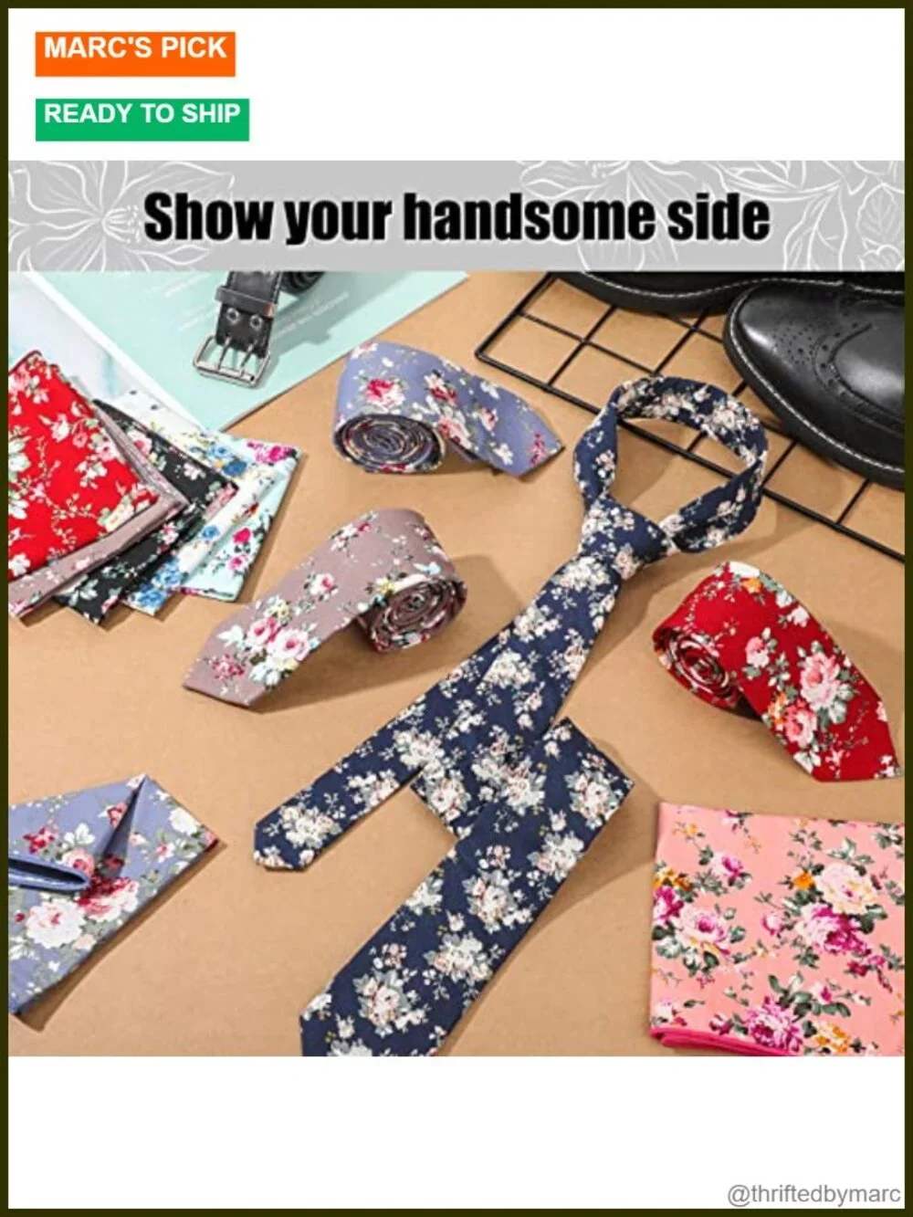 12 Floral Cotton Ties for Men with Pocket Squares